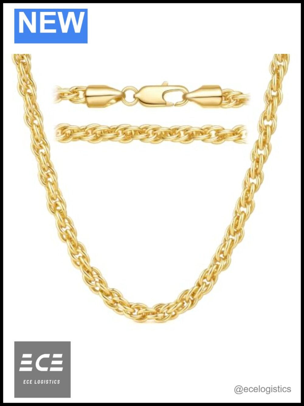 14K Gold Plated Twisted Rope Chain Necklace 5mm Lobster Clasp 20in